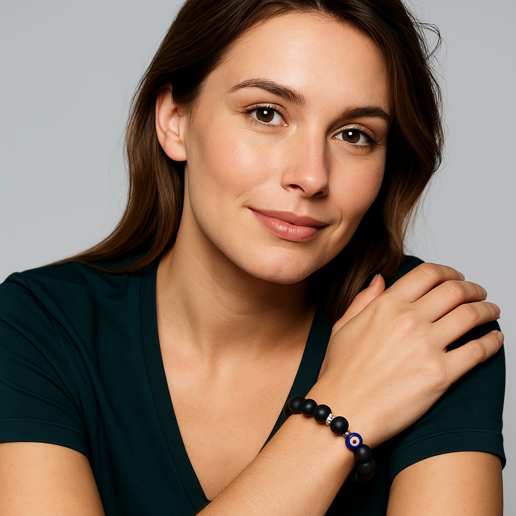 1pc Obsidian Acrylic Evil Eye Bead Elastic Bracelet For Women, Suitable For Daily Wear