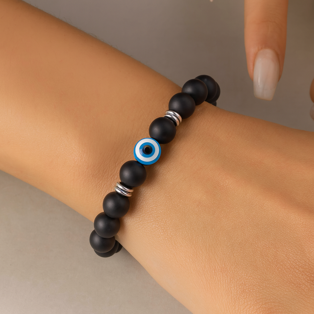 1pc Obsidian Acrylic Evil Eye Bead Elastic Bracelet For Women, Suitable For Daily Wear